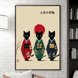 Tre gatti neri in kimono Wall Art - Stampa giapponese Sumi-e, arredamento minimalista Zen, poster del sole nascente, regalo per gli amanti dei gatti, elegante arte per la casa