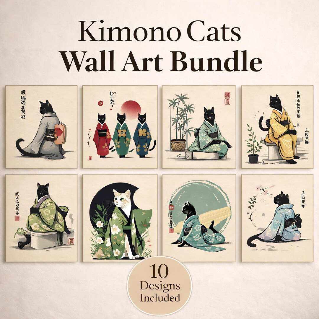 Kimono Cat Art Prints: Sumi-e Japanese Watercolor (digital