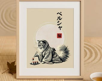 Persian Cat Kimono Print: Japanese Sushi Cat Wall Art