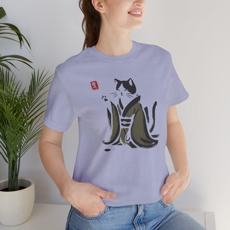 Sumi e Cat Shirt: Unisex Japanese Art Tee with Kimono Design Heather Blue