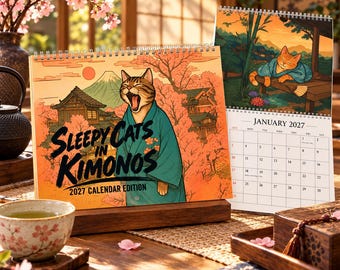 Puede incluir: Un calendario de escritorio 2027 titulado Sleepy Cats in Kimonos con un gato atigrado bostezando en un kimono verde azulado frente a cerezos y el monte Fuji, con una página de enero de 2027 que muestra un gato durmiendo en un kimono.