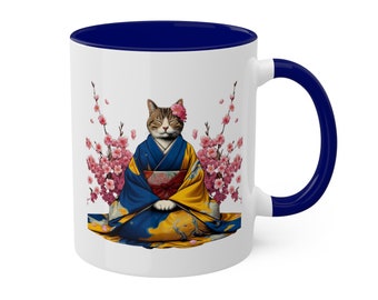 Kimono Zen Cat Mug, 11oz, free shipping, cat mug, sakura cat, cute cat, sleepy cat, ukiyo-e, edo japan, cat, kitten, zen, kawaii