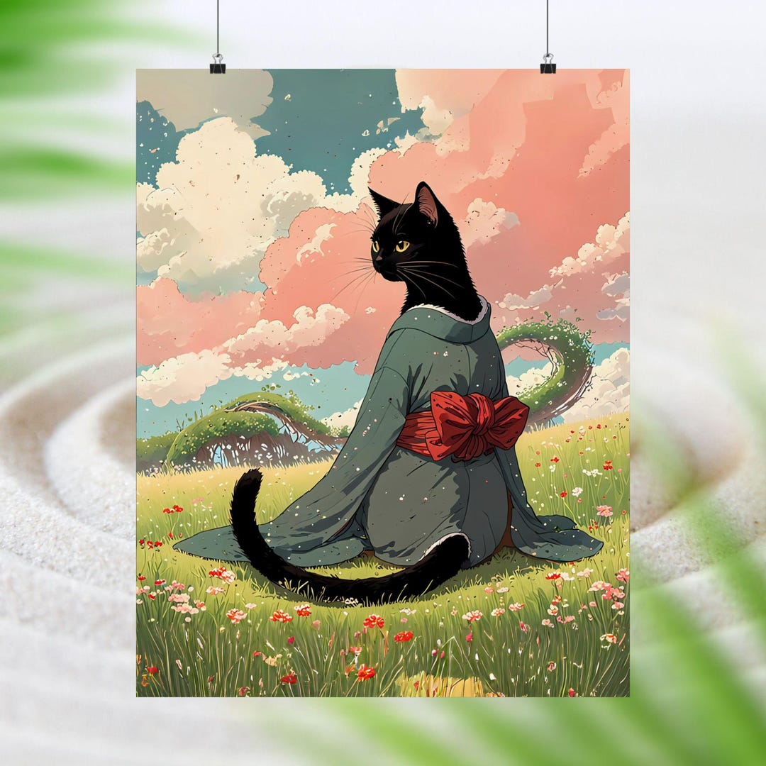 Cat Art Print Ghibli Inspired Japanese Wall Art, Vintage Wall Art ...