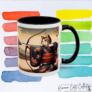 Kyudo Kimono Kitty Mug - Cute Cat Mom & Dad Gift - Japanese Edo Style Ukiyo-e Cherry Blossom Coffee Mug for Cat Lovers