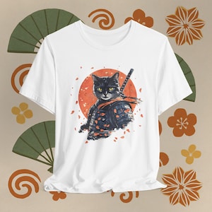 Samurai Cat Warrior Tee - Unisex Jersey Short Sleeve T-Shirt, Fierce Black Armor Cat Shirt, Katana & Sakura Petals, Gift for Cat Lovers and
