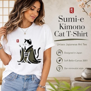 Sumi e Cat Shirt: Unisex Japanese Art Tee with Kimono Design image 1