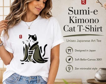 Sumi e Cat Shirt: Unisex Japanese Art Tee with Kimono Design