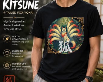 Kitsune T-Shirt: Japanese Fox Design with 9-Tailed Yokai Art
