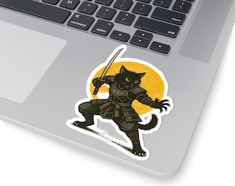 Samurai Cat Stickers | Cool Cat Lover Gifts | Laptop Decals | Unique Art Stickers for Kids | Ninja Cat Decor | Fun Anime Style