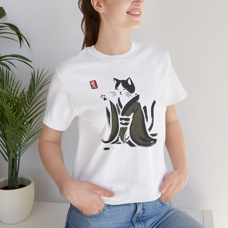 Sumi e Cat Shirt: Unisex Japanese Art Tee with Kimono Design White
