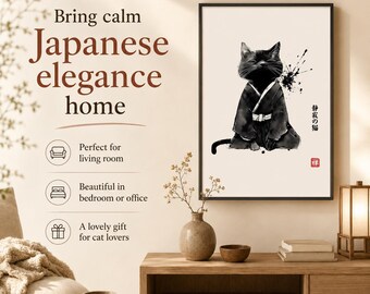 禅猫ウォールアート - 静寂の猫 日本のミニマリスト禅の静寂の装飾