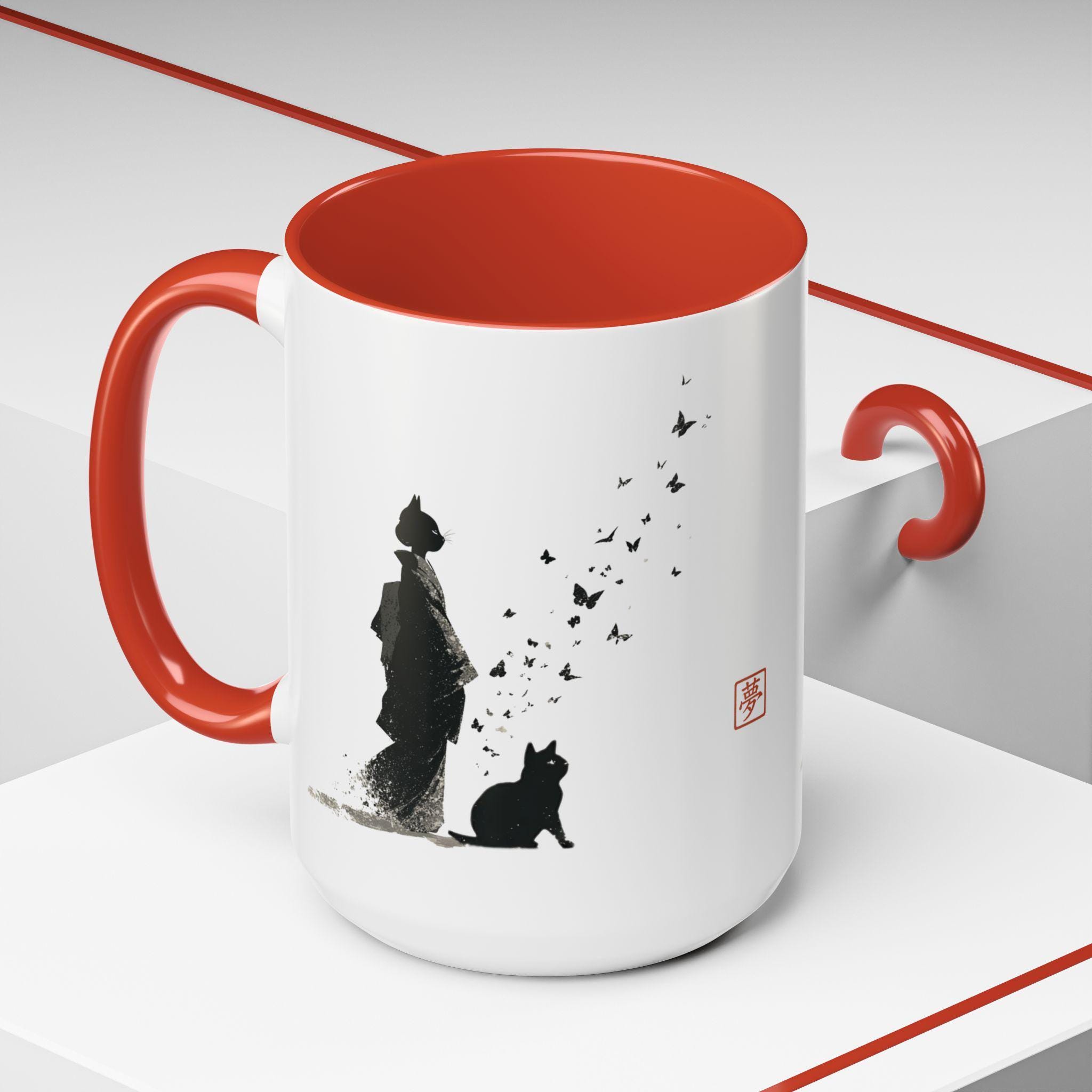 Mug Chat Noir Sakura Calligraphie Japonaise Love - Tasse Céramique Cadeau - Japonais