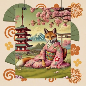 Japanese Kimono Fox Art Print: Zen Kitsune Wall Decor