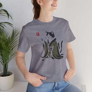 Sumi e Cat Shirt: Unisex Japanese Art Tee with Kimono Design Heather Storm