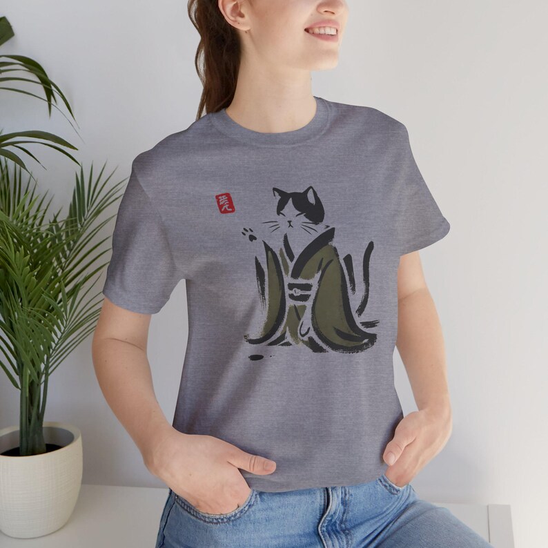 Sumi e Cat Shirt: Unisex Japanese Art Tee with Kimono Design Heather Storm