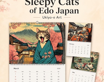Calendario de pared 2026: Gatos dormilones del Japón Edo, arte Ukiyo-e.
