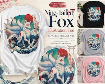 Kitsune Tee with Nine-Tailed Fox Illustration, Japanese Art Design