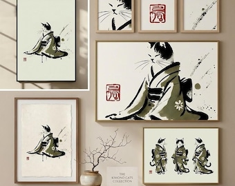 Kimono Cat Art: Japanese Ukiyo-e Style Digital Download Print