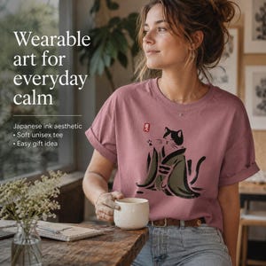Sumi e Cat Shirt: Unisex Japanese Art Tee with Kimono Design image 3