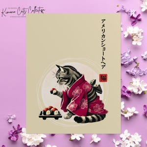 Amerikanisch Kurzhaar Katze, Wandkunst - Poster, japanischer Zen-minimalistischer Sumi-e-Druck, Wohnkultur, Geschenk für Katzenliebhaber, japanische Kultur