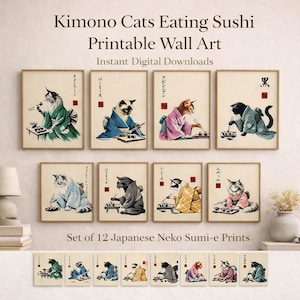Stampe artistiche di gatti in kimono che mangiano sushi: Neko Sumi-e giapponese (download digitale)