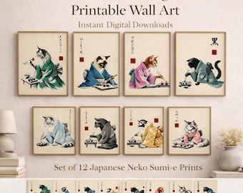 Kimono Cats Eating Sushi Art Prints: Japanese Neko Sumi-e (Digital Download)