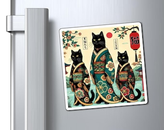 Black Cat Magnet with Japanese Ukiyo Sakura Design, Fridge Art