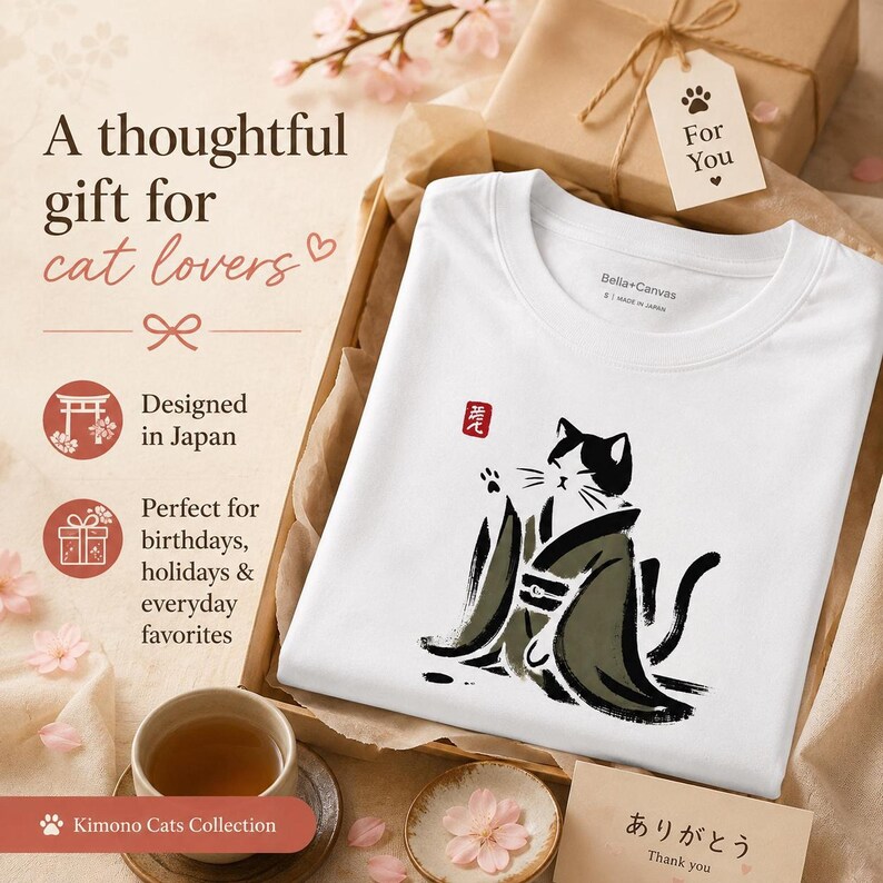 Sumi e Cat Shirt: Unisex Japanese Art Tee with Kimono Design image 5