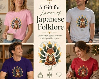 Kitsune Graphic Tee with Fox Yokai Art, Designed in Japan