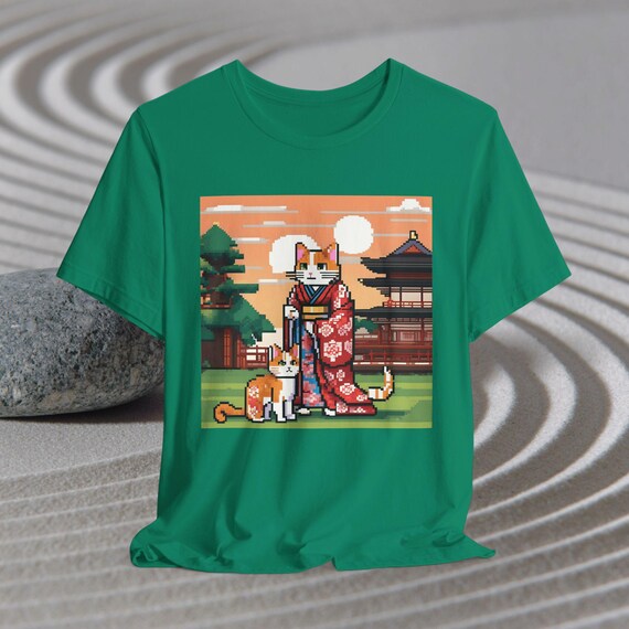 Pixel Art Cat in Kimono T-shirt Pixelated Japanese Temple Scene