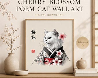 Cat Art Wall Decor – Cherry Blossom Poem with Elegant Persian Cat