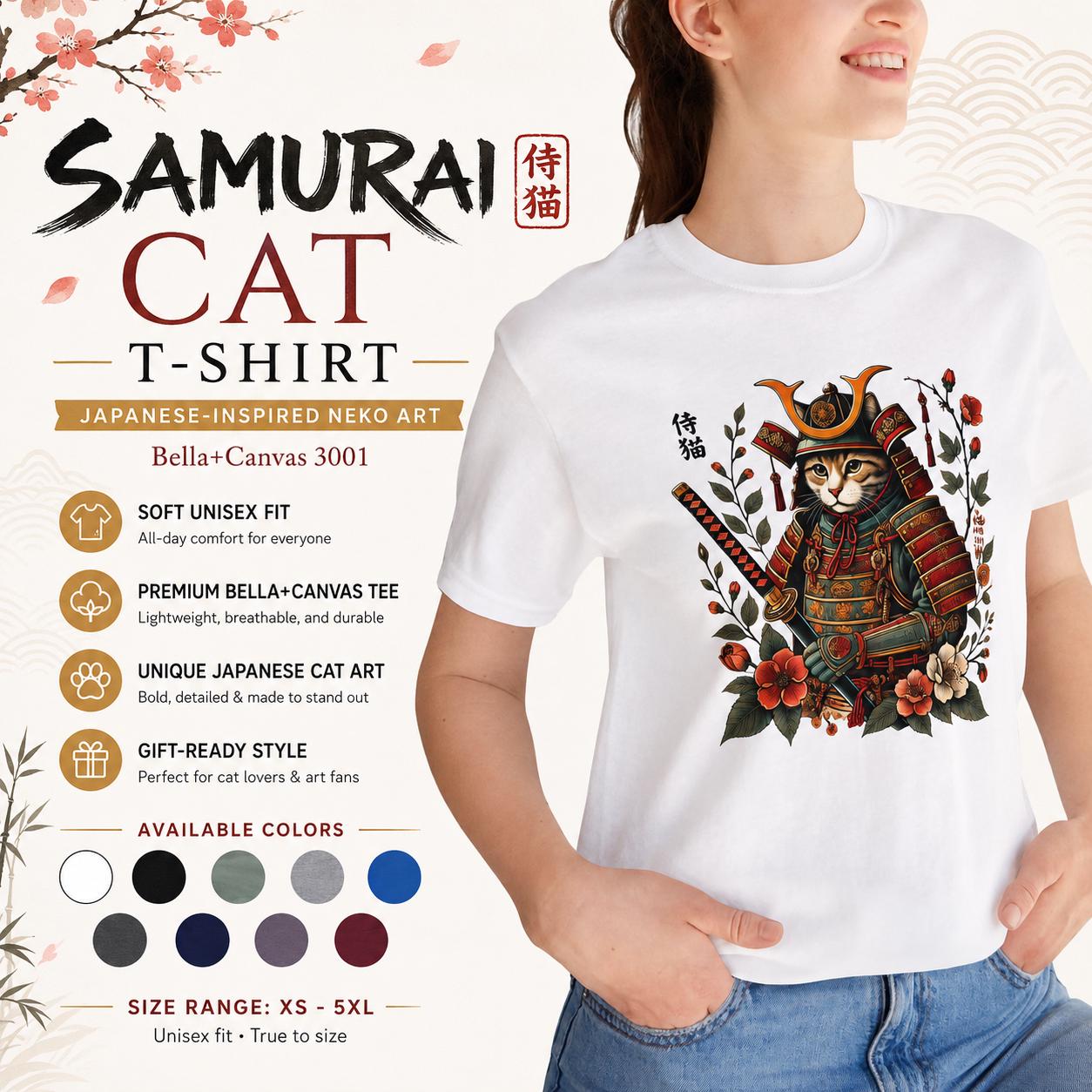 Samurai Cat T-shirt: Japanese-inspired Neko Art, Unisex Cotton Tee