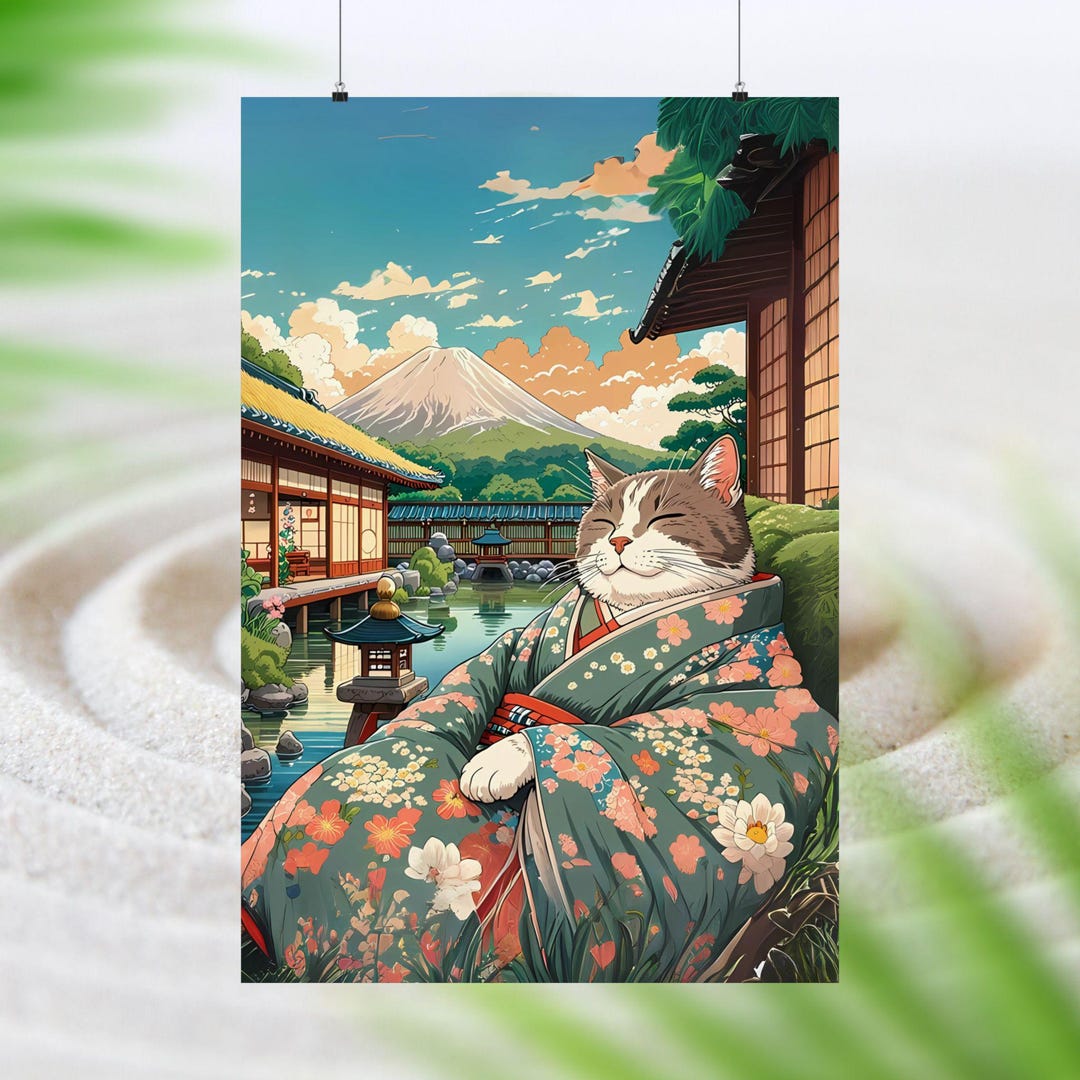 Cat Art Print - Ghibli Inspired Cat Poster, Matte Vertical Posters ...