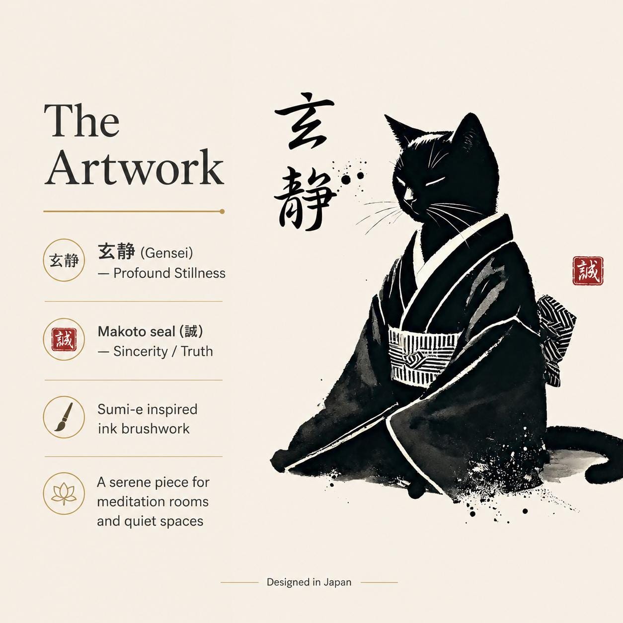 禅猫の壁掛けアート - 源氏による深遠な静寂を描いた日本の水墨画