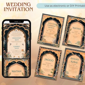 May include: A set of six printable wedding invitation cards with a traditional Indian design. The cards are decorated with intricate floral patterns and feature a gold and black color scheme. The text on the cards includes the names of the bride and groom, the date and time of the wedding, and the location of the events.