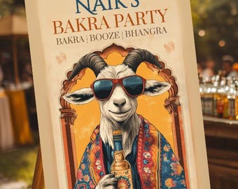 Tablica powitalna, alkohol z kozy z Bakry, impreza z mięsem kozim, tablica ślubna Sangeet, personalizacja, mehndi, Sade Munde Da Viah, Jago, Jersey, cyfrowa