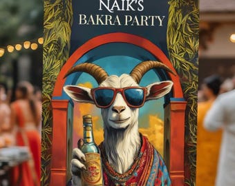 Tablica powitalna, alkohol z kozy z Bakry, impreza z mięsem kozim, tablica ślubna Sangeet, personalizacja, mehndi, Sade Munde Da Viah, Jago, Jersey, cyfrowa