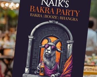 Tablica powitalna, alkohol z kozy z Bakry, impreza z mięsem kozim, tablica ślubna Sangeet, personalizacja, mehndi, Sade Munde Da Viah, Jago, Jersey, cyfrowa