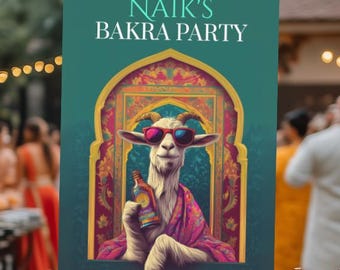 Tablica powitalna, alkohol z kozy z Bakry, impreza z mięsem kozim, tablica ślubna Sangeet, personalizacja, mehndi, Sade Munde Da Viah, Jago, Jersey, cyfrowa