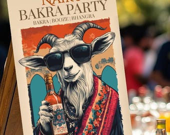 Tablica powitalna, alkohol z kozy z Bakry, impreza z mięsem kozim, tablica ślubna Sangeet, personalizacja, mehndi, Sade Munde Da Viah, Jago, Jersey, cyfrowa