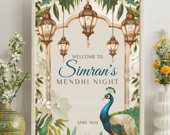 May include: A printable sign with a peacock design and the text "Welcome to Simran's Mehndi Night, April 2024". The sign is decorated with a floral border and hanging lanterns.