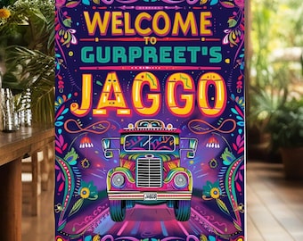 May include: A colorful welcome sign with the text "Welcome to Gurpreet's Jaggo" in a decorative font. The sign features a cartoon illustration of a brightly decorated truck with flowers and other patterns.