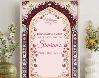 May include: A pink and white wedding announcement with a floral design. The text reads "The Chahal Family Welcomes You to Simran's Wedding Week".