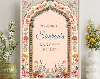 May include: A pink and white floral design with a green archway. The text "Welcome to Simran's Sangeet Night" is in the center of the design.