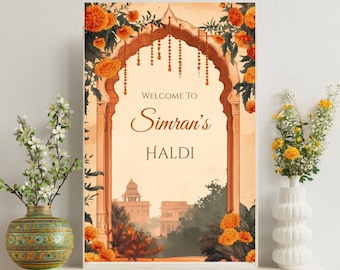 May include: A welcome sign for a Haldi ceremony with a floral archway and a view of a palace in the background. The sign reads "Welcome to Simran's Haldi".