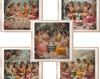 INDIAN WALL ART 5 paintings inspired Indian art decor traditional Indian garden botanical art prints bathroom funny mughal bride bollywood
