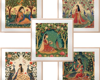 INDIAN WALL ART 5 Mughal paintings inspired Indian art decor traditional Indian palace art garden botanical art prints peacocks animal bride