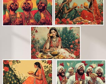 INDIAN WALL ART 5 Tacos and Margaritas Mughal paintings inspired Indian art decor traditional Indian art prints peacocks animal bride groom