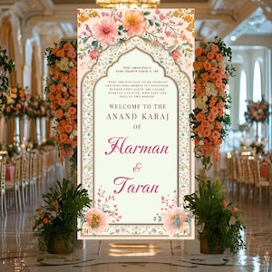 Può includere: Un cartello di benvenuto per un matrimonio con decorazioni floreali e il testo "WELCOME TO THE ANAND KARAJ OF Harman & Taran".