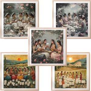 Puede incluir: Cinco impresiones artísticas enmarcadas que representan a mujeres con vestimenta tradicional. Las impresiones muestran a mujeres en diversos entornos al aire libre, participando en actividades como la artesanía o la recolección. La paleta de colores incluye tonos pastel suaves y terrosos, con elementos florales y paisajísticos.